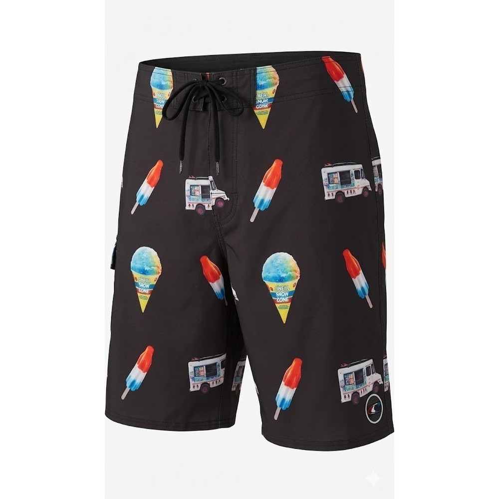 O'Neill Ice Cream Truck Board Shorts 36 Black Food Print Snow Cone Beach Wear